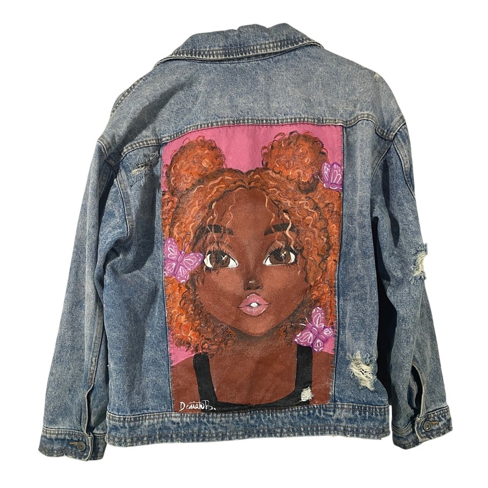 Custom Hand Painted Denim Jacket Women's Small Distressed Blue Wearable Art